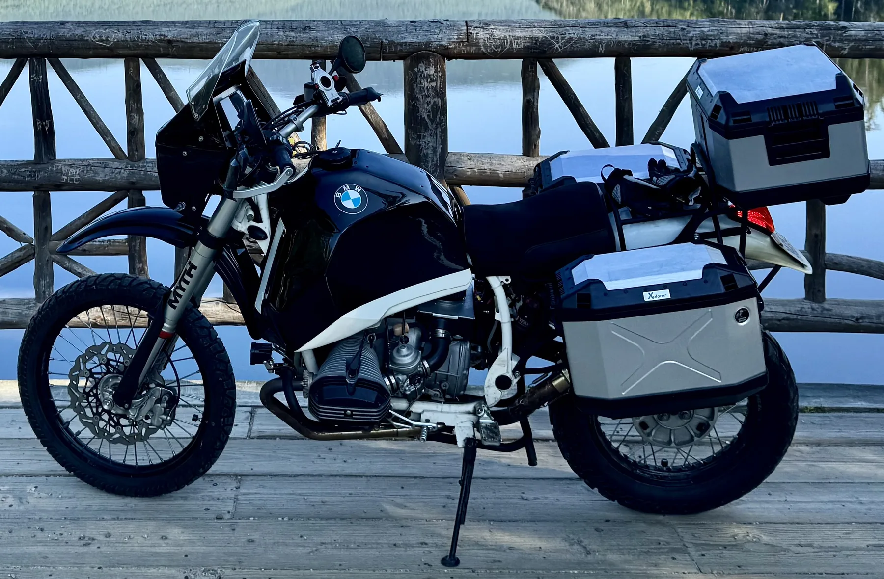 1983 BMW R80ST parked during the Northern New England trip, with the airbox modification visually integrated into the motorcycle